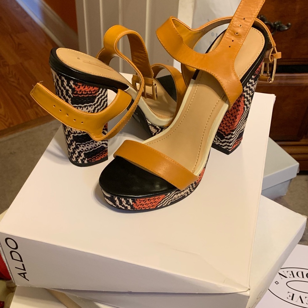 Cognac tribal print platform. Worn once w/box